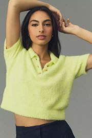 Maeve Eyelash Cropped Polo Sweater in Green at Anthropologie