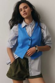 Maeve Linen V Neck Button Front Vest in Blue at Anthropologie