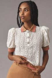 Maeve Puff Sleeve Lace Polo Top at Anthropologie