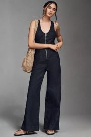 Maeve Sleeveless V Neck Flare Denim Jumpsuit at Anthropologie