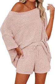 Mafulus Womenx27s 2 Piece Outfits Sweater Sets Off Shoulder Knit Top Shorts Matching Suits Cute Pajama Lounge Set at Womens Clothing store at Amazon