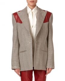 Magda Butrym Arkansas Beaded Plaid Wool Blazer w  Leather Shoulders at Neiman Marcus