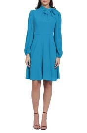 Maggy London Catalina Tie Neck Long Sleeve Fit Flare Crepe Dress in Dazzling Blue at Nordstrom