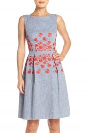 Maggy London Embroidered Chambray Fit amp Flare Dress Nordstrom at Nordstrom