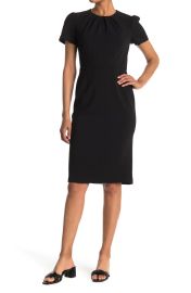 Maggy London Pleated Neck Short Sleeve Sheath Dress in Black at Nordstrom Rack