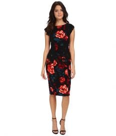 Maggy London Printed Crepe Evening Rose Sheath with Lace Panels BlackFuchsia at Zappos