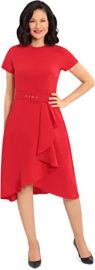 Maggy London Women39s Fluid Crepe Arc Shoulder Cascade Skirt Belted Fit and Flare at Womens Clothing store at Amazon