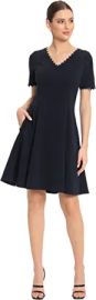 Maggy London Women39s Scallop Trim V-Neck and Short Sleeves Dress Desk to Dinner Office Workwear Event Occasion Guest of at Womens Clothing store at Amazon