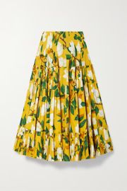 Magnolia Floral Print Tiered Stretch Cotton Midi Skirt by Oscar de la Renta at Net A Porter