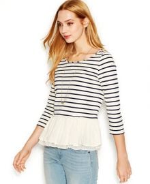 Maison Jules Three-Quarter-Sleeve Striped Ruffled Top at Macys