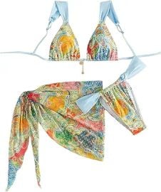 MakeMeChic Women's 3 Piece Bikini Sets Floral Halter Swimsuit Bathing Suit with Cover Up Skirt at Amazon