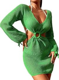 MakeMeChic Women39s Crochet Cover Up Long Sleeve Knitted Swim Beach Cover Up Dress Swimwear at Womens Clothing store at Amazon