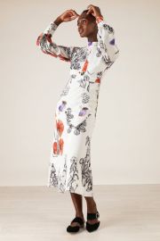 Makenene Poppies-Print Stand Collar Crepe De Chine Midi Dress - Sikaa at Sikaa