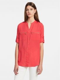 Mandarin Collar Roll-up Sleeve Blouse in Watermelon at Calvin Klein