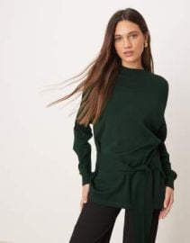 Mango knit high neck tie waist sweater in khaki at ASOS