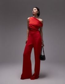 Mango off shoulder jumpsuit in red at ASOS