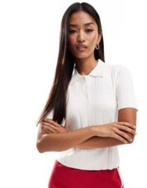 Mango ribbed detail polo top in white at ASOS