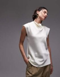Mango satin drape neck cap sleeve top in ivory at ASOS