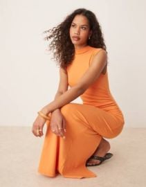 Mango soft touch modal mix slim fit maxi dress with high neck in orange at ASOS