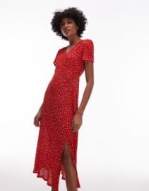 Mango v neck floral print midi tea dress in red at ASOS