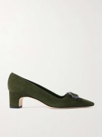 Manolo Blahnik Fenix 50 Buckled Suede Pumps in Dark Green at Net a Porter