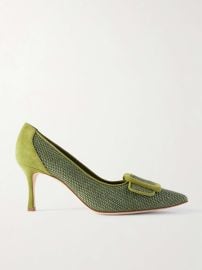 Manolo Blahnik Maysale 70 Buckle embellished Suede trimmed Woven Raffia Pumps at Net a Porter