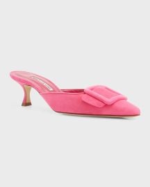 Manolo Blahnik Maysale Suede Buckle Mules at Neiman Marcus