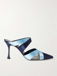 Manolo Blahnik Oyounak Gala Rial 90 Two tone Satin Mules in Navy Blue at Net a Porter