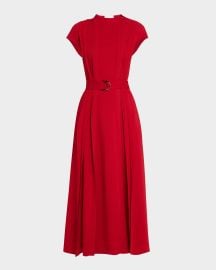 Mantu Belted Cap-Sleeve Pintuck Midi Dress at Neiman Marcus