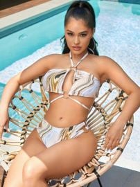 Marble Print Ring Linked Tie Back Halter Bikini Swimsuit   USA at Shein