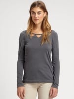 WornOnTV: Bay’s grey longsleeved top with triangle cutout neckline on ...