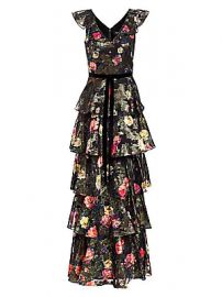 Marchesa Notte - Metallic Floral Printed Tiered A-Line Gown at Saks Fifth Avenue