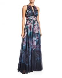 Marchesa NotteWatercolor Sleeveless Chiffon Gown with Satin Trim   Keyhole at Neiman Marcus