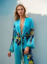 Mare e Sole Tropical Palms Kimono worn by Carrie Coon on The White Lotus Season 3 Sustainable Luxury Swimwear and Resortwear Tara Matthews at Tara Matthews