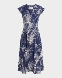 Marella Belted Palm Tree-Print Midi Dress at Neiman Marcus