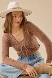 Maria Pointelle Lace Trim Shrug in Brown Altar d State at Altar'd State