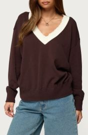 Marie Lace Contrast Cotton V-Neck Sweater at Nordstrom