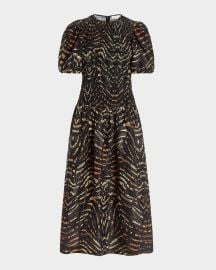 Marie Oliver Marca Smocked Animal-Print Midi Dress at Neiman Marcus