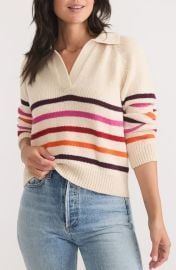 Marine Layer Claire Stripe Wool & Cotton Johnny Collar Polo Sweater at Nordstrom