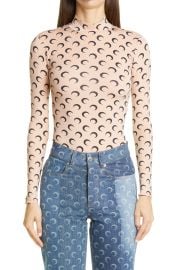 Marine Serre Fitted Moon Print Mock Neck Top in Tan With Black Print  at Nordstrom