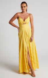 Marisse Maxi Dress - Cut Out Front Split Cross Back Textured Dress in Yellow Showpo USA at Show Po