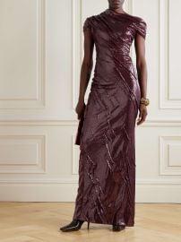 Marmar Halim One shoulder Ruched Sequined Crepe Gown in Burgundy at Net a Porter