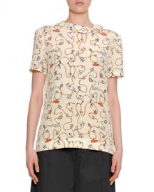 Marni Ribbon  amp  Charm Short-Sleeve Asymmetric-Collar Silk Blouse at Neiman Marcus