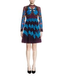 Mary Katrantzou Long-Sleeve Butterfly-Embroidered Dress Burgundy - at Bergdorf Goodman