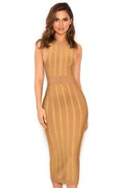 Marzena Camel and- Gold Self Stripe Bandage Midi Dress at House of CB