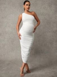 MaterniChic Maternity Solid Color Asymmetric Neck Sleeveless Slim Fit Casual Dress at Shein