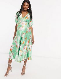 Maternity Puff Sleeve Satin Maxi Tea Dress by Asos at Asos