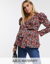 Maternity Wrap Top with Volume Sleeve in floral at Asos