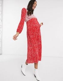 Maternity plisse midi dress in red and white spot at Asos