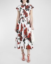 McQueen Floral-Print Pleated Cap-Sleeve Midi Shirtdress at Neiman Marcus